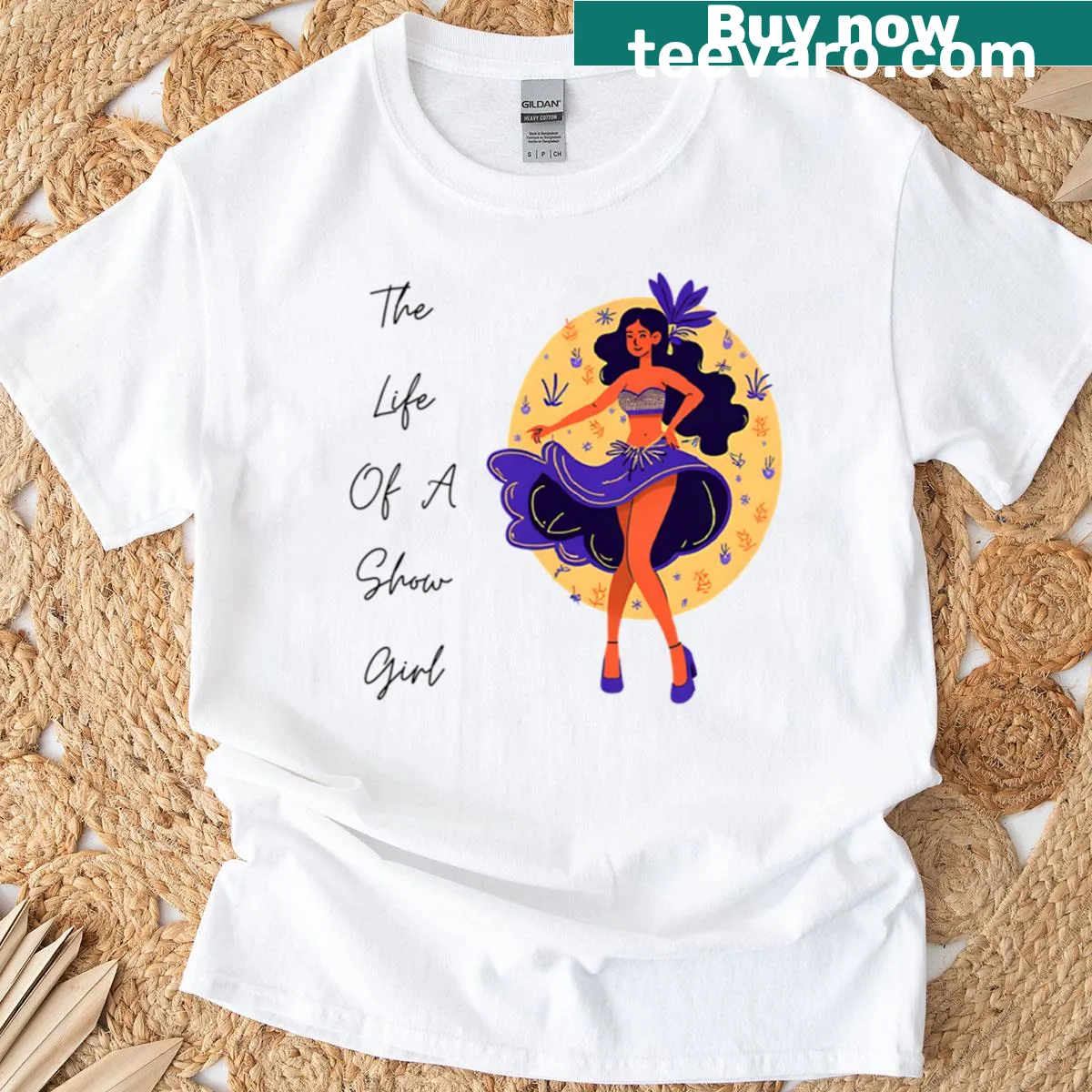 T-shirt celebrating the life of a showgirl with a dance and music theme. — on a men's t-shirt