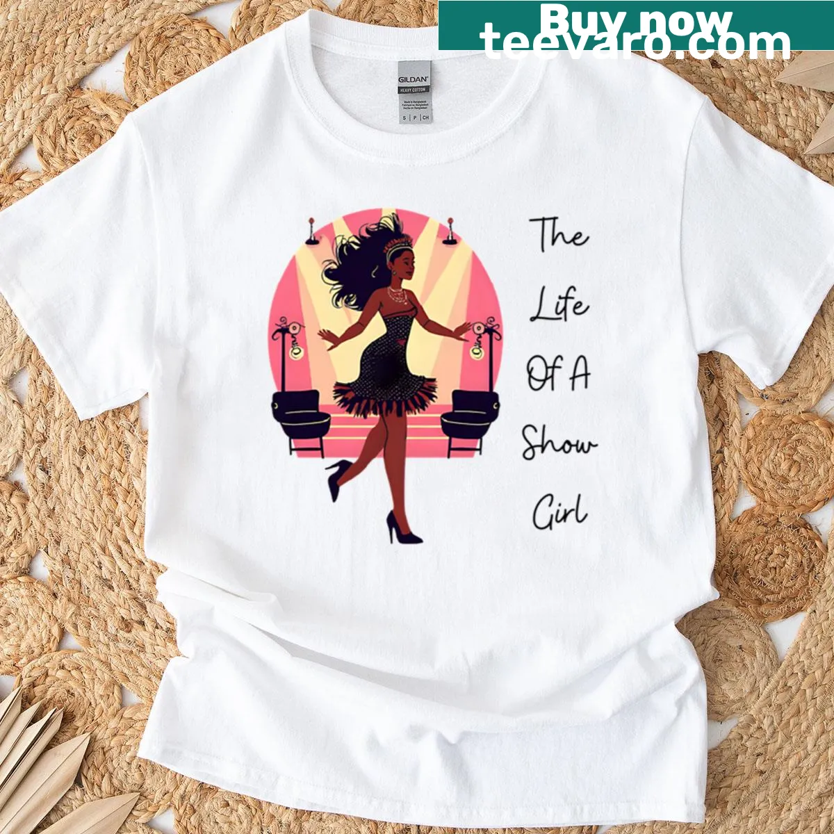 Dance-themed T-shirt featuring a playful show girl illustration — on a men's t-shirt
