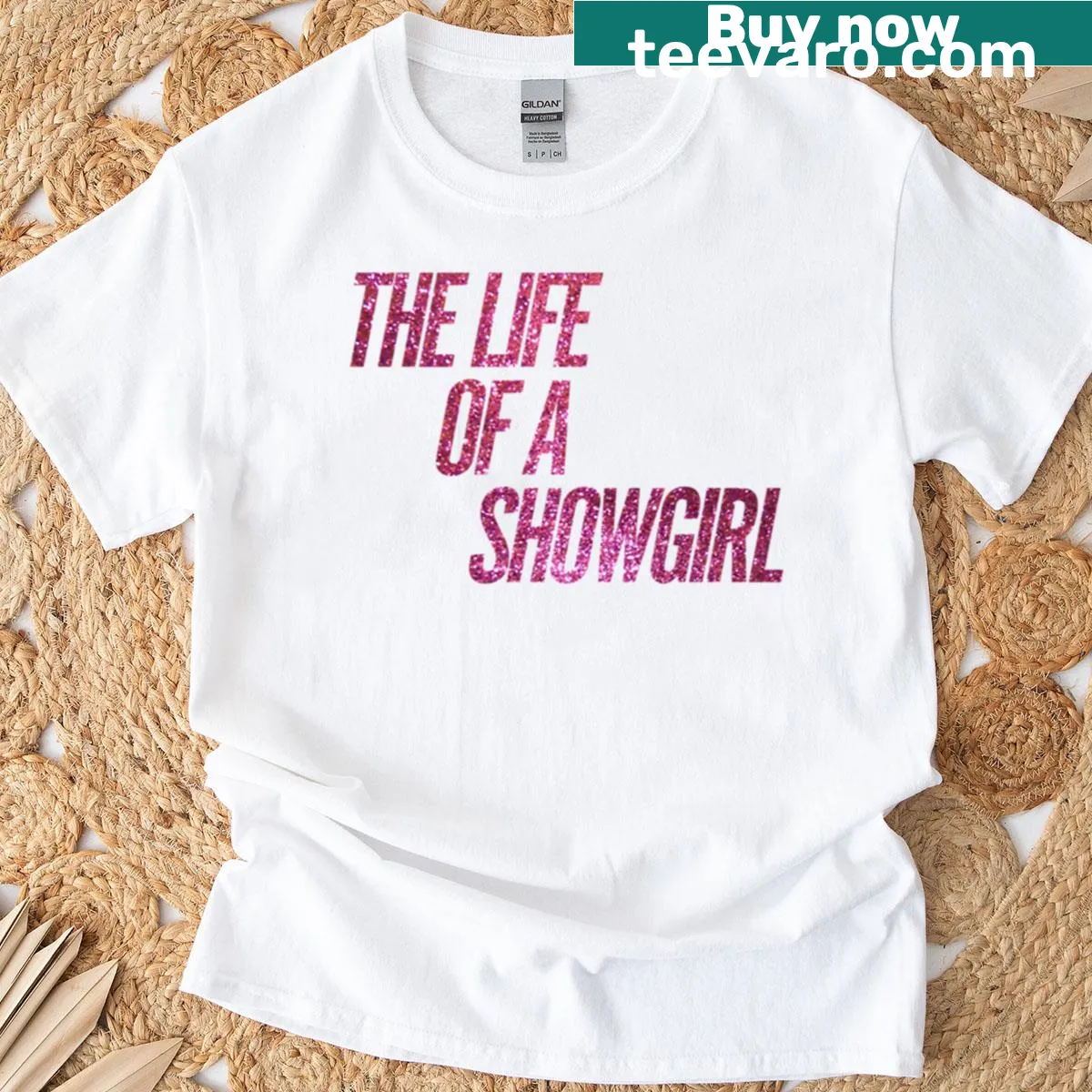 Vintage-style T-shirt celebrating the life of a showgirl with musical elements. — on a men's t-shirt