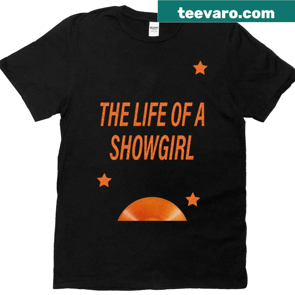 T-shirt featuring an artistic design inspired by Taylor's new album and showgirl theme. — on a men's t-shirt