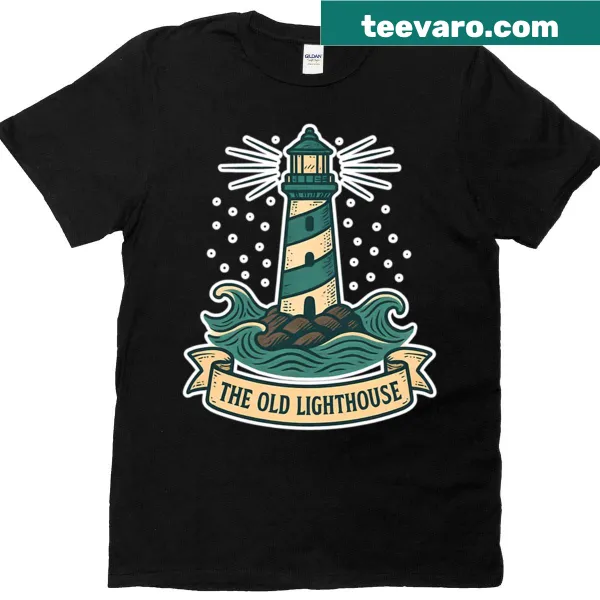Realistic t-shirt featuring an old lighthouse by the sea.