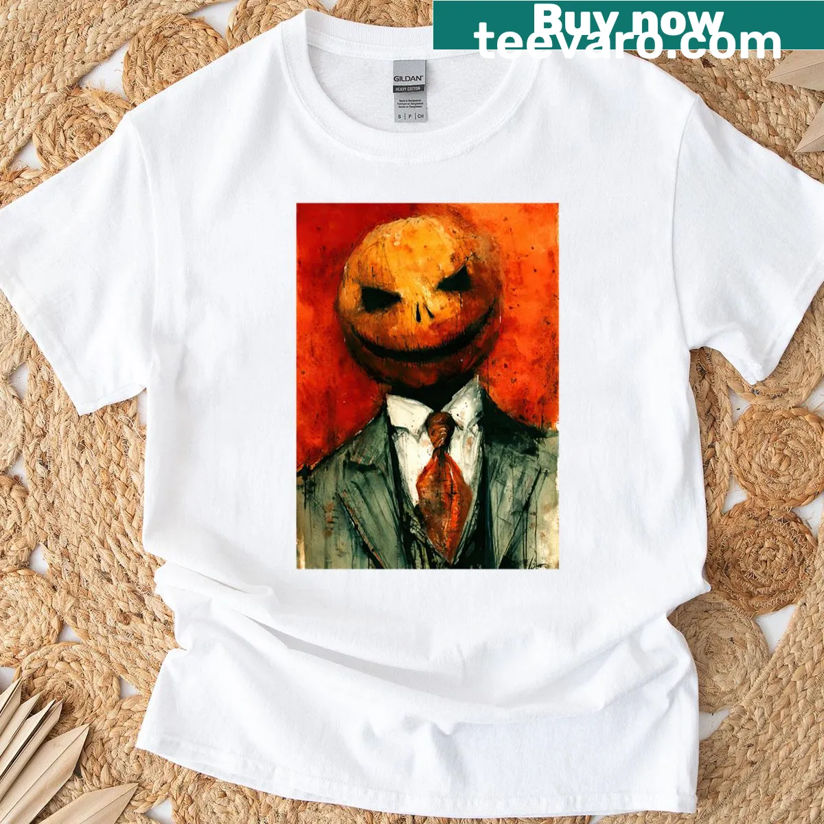 Oversized T-shirt with a playful graphic of a pumpkin head CEO in a suit — on a men's t-shirt