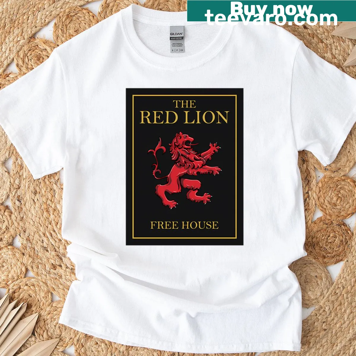 Vintage-style T-shirt featuring The Red Lion Pub sign and lion graphic — on a men's t-shirt