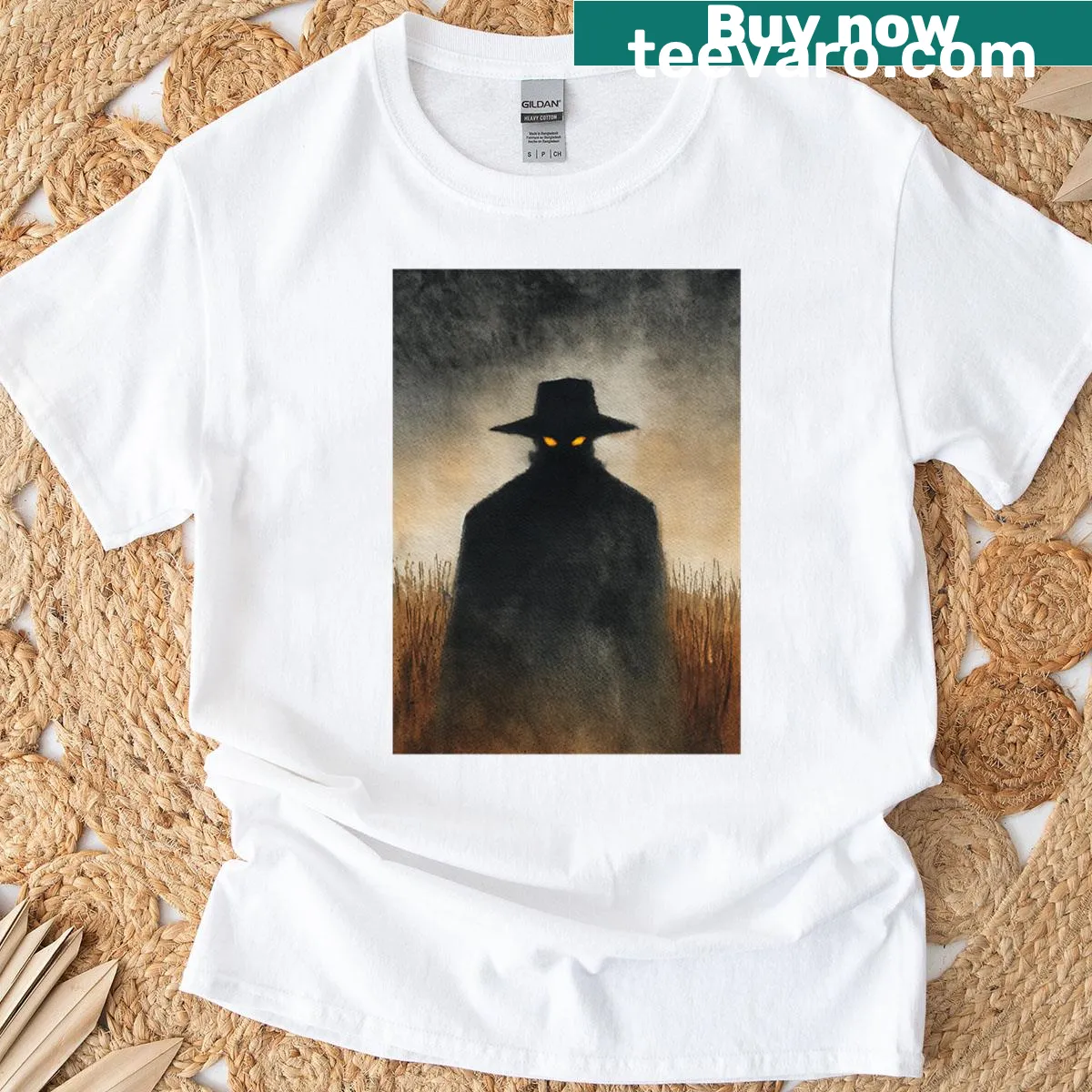 Dark figure with glowing eyes and a hat on T-shirt — on a men's t-shirt