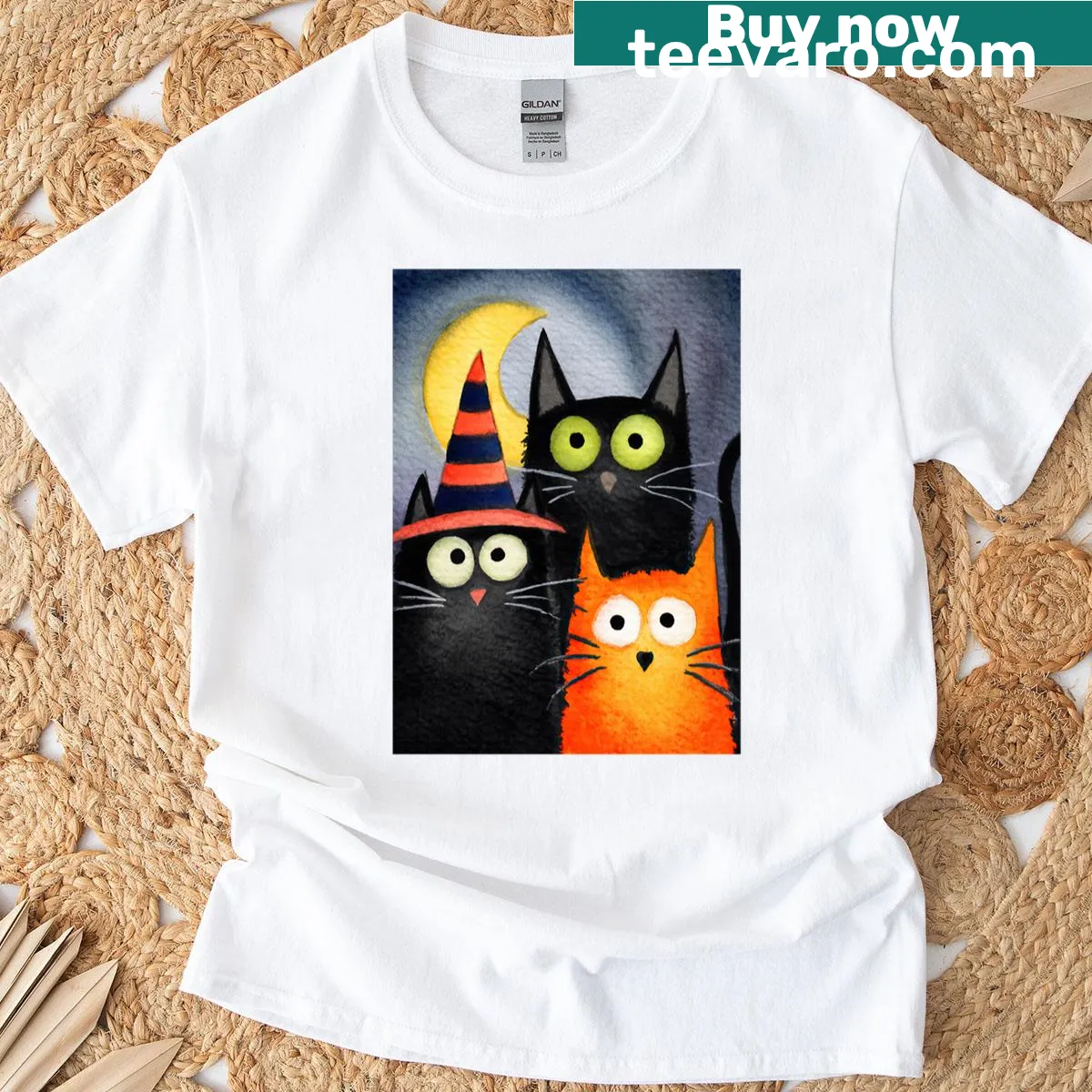 Adorable illustration of three spooky cats with a crescent moon — on a men's t-shirt