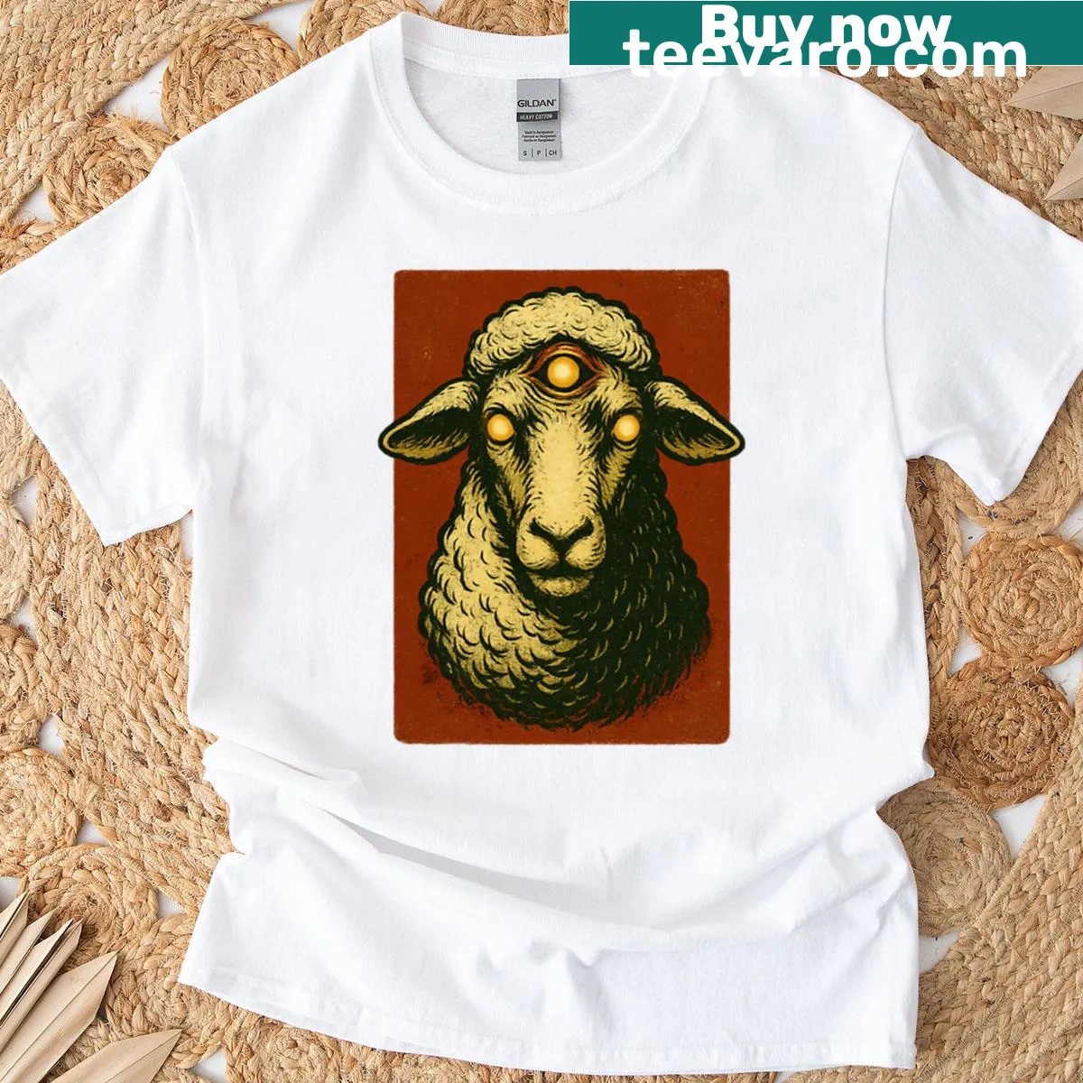 Retro horror design featuring a three-eyed possessed sheep on a T-shirt — on a men's t-shirt