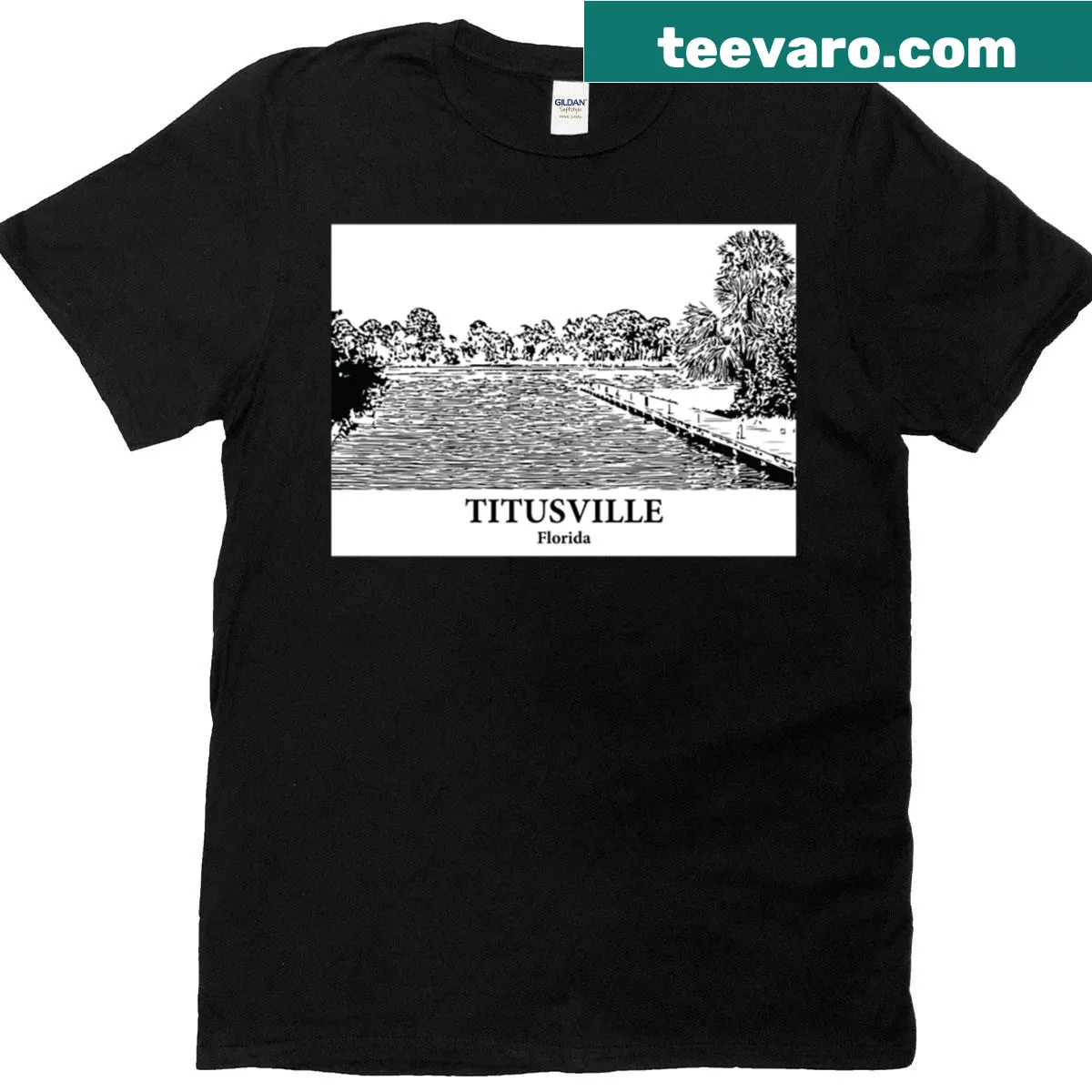 Illustrated T-shirt featuring local landmarks of Titusville, Florida — on a men's t-shirt