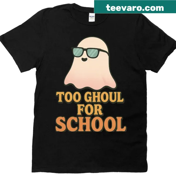 Retro ghost-themed T-shirt with humorous typography about school