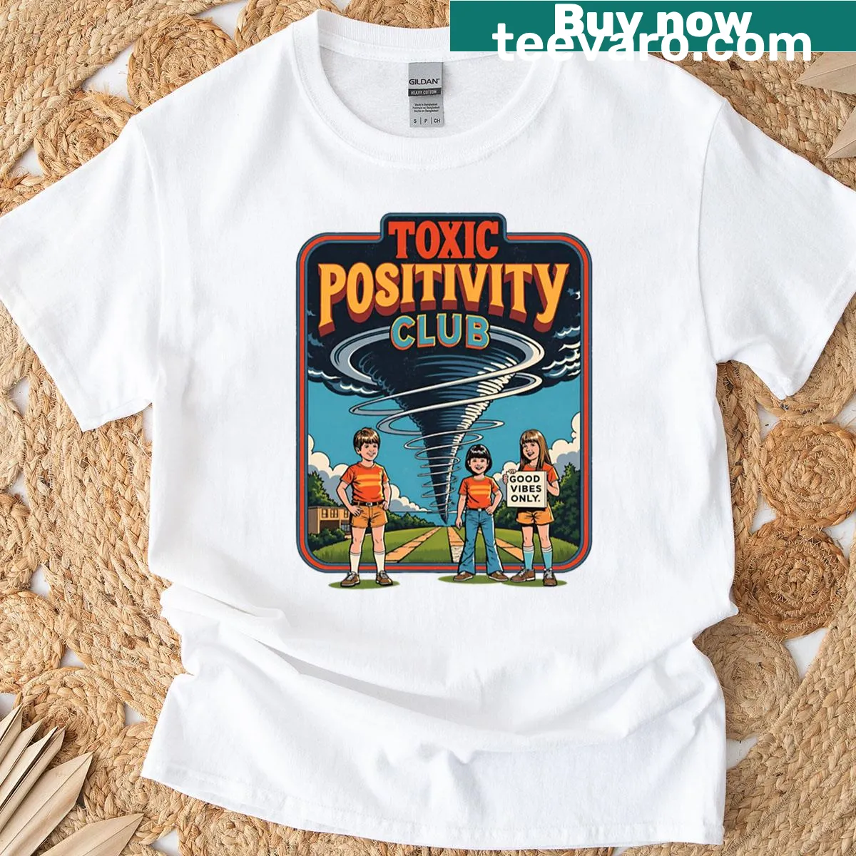 Retro graphic t-shirt with sarcastic Toxic Positivity Club design — on a men's t-shirt