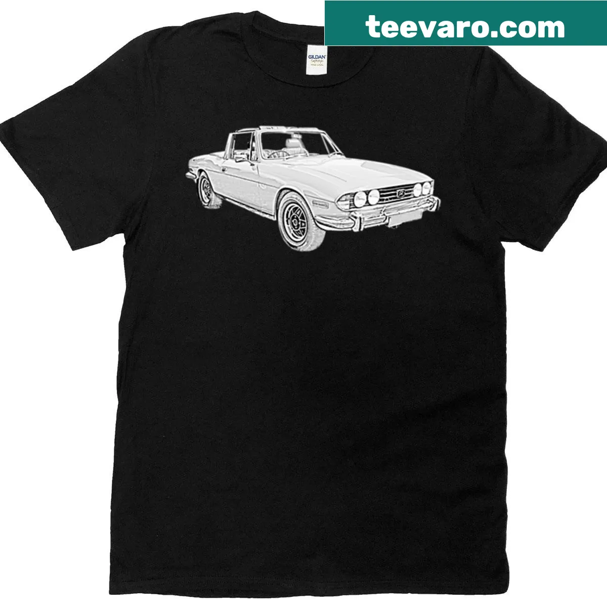 Monochrome illustration of a 1970s Triumph Stag car — on a men's t-shirt
