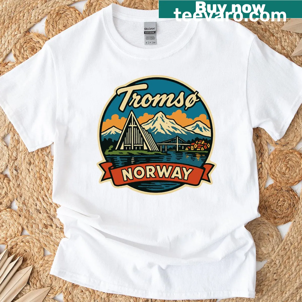 Travel decal t-shirt showcasing Troms, Norway — on a men's t-shirt