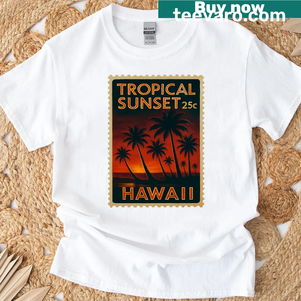 Vintage Hawaii sunset and palm tree graphic T-shirt — on a men's t-shirt