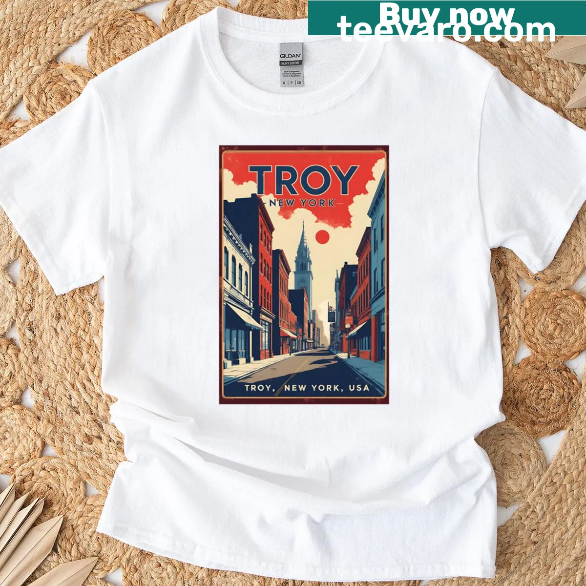 Vintage travel design T-shirt representing Troy, New York — on a men's t-shirt