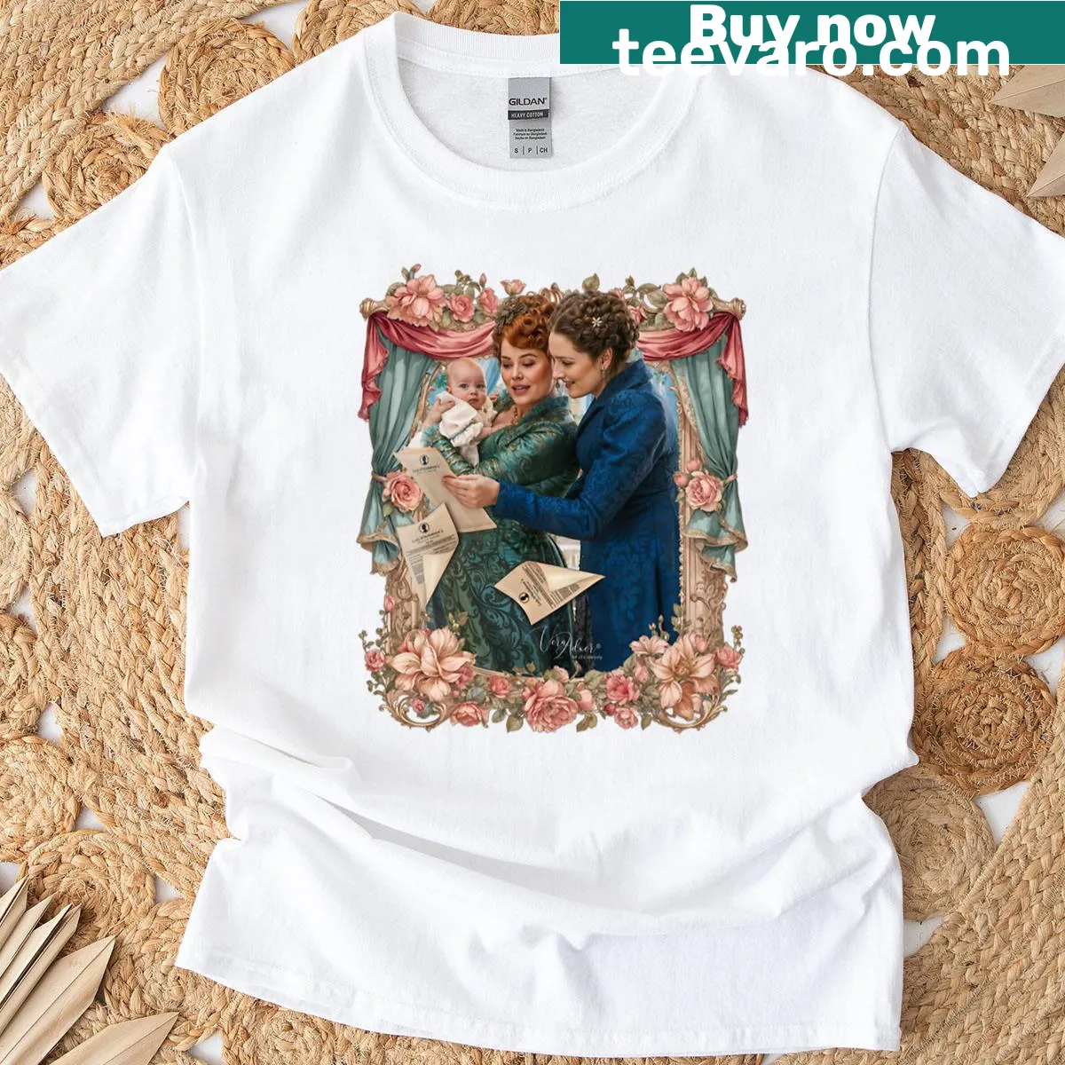 Whimsical graphic T-shirt showing two grandmothers gossiping — on a men's t-shirt