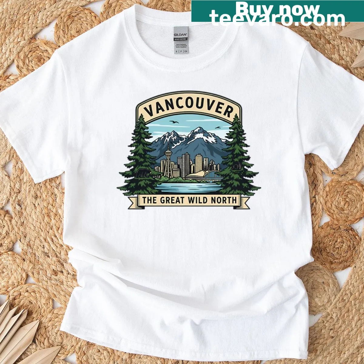 Illustrative T-shirt showcasing Vancouver's cityscape and nature — on a men's t-shirt