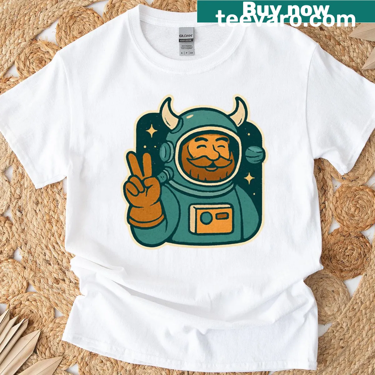 Vintage Viking astronaut T-shirt with antlers and space theme — on a men's t-shirt