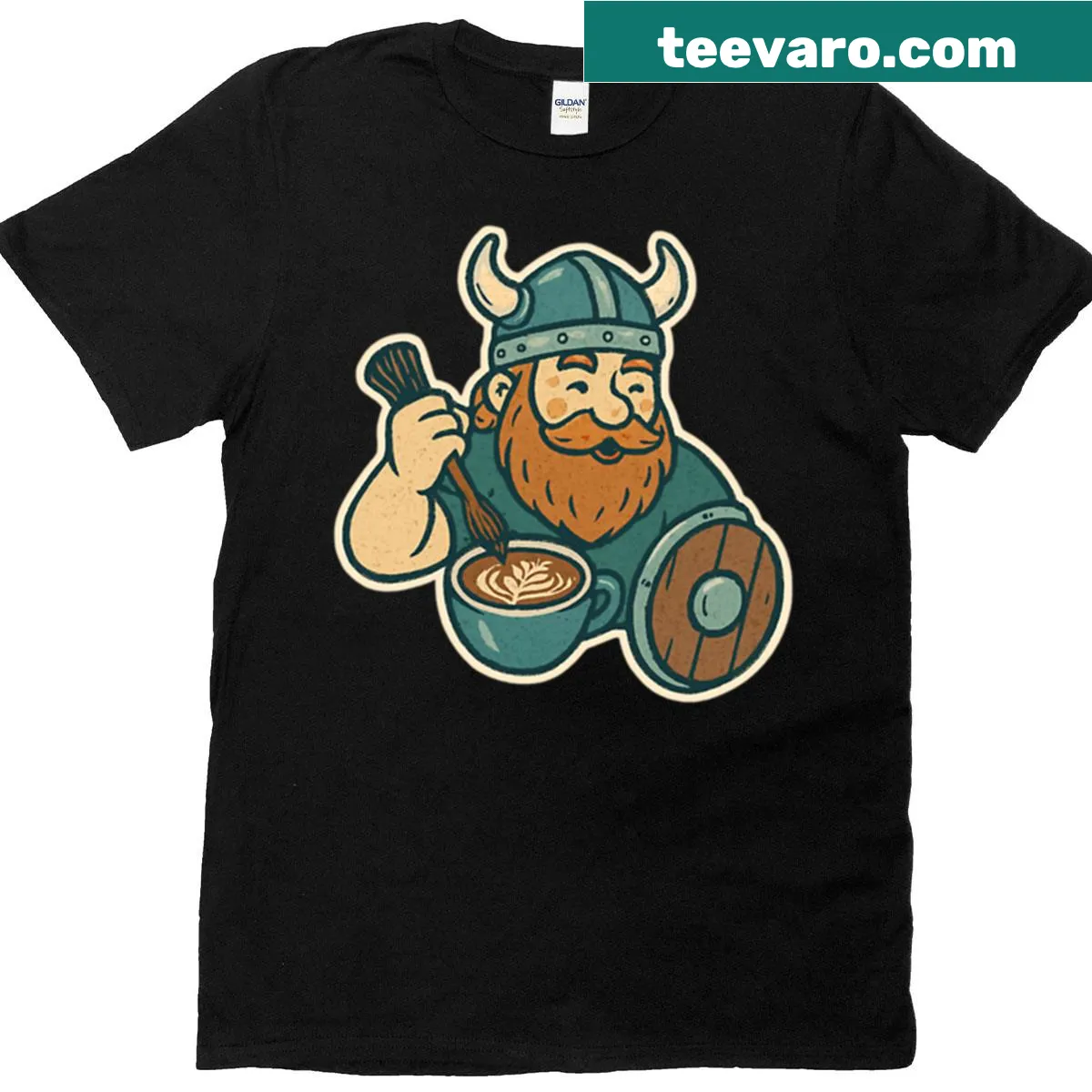 Viking Barista T-shirt featuring latte art and vintage spiral design — on a men's t-shirt