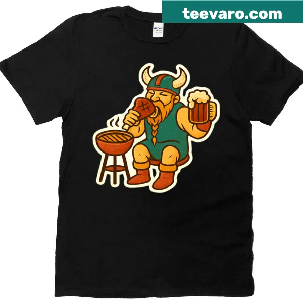 Viking warrior graphic T-shirt with humorous beef leg design