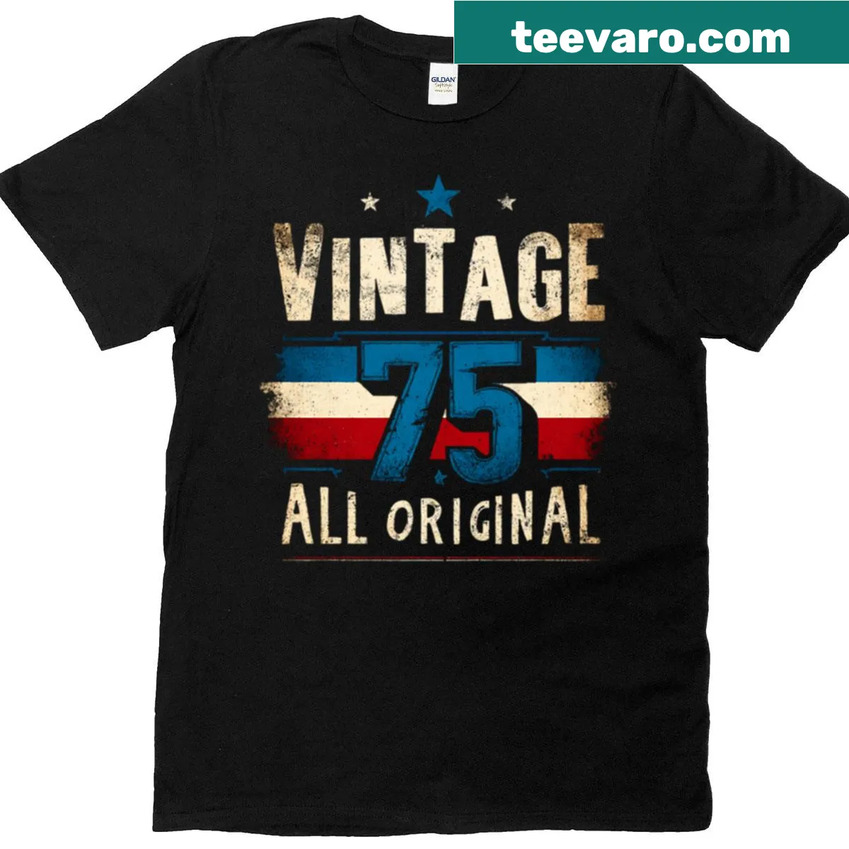 Vintage birthday t-shirt with '75 All Original' printed design — on a men's t-shirt