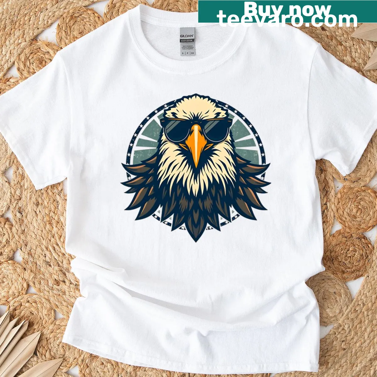 Patriotic t-shirt featuring a vintage eagle illustration with sunglasses. — on a men's t-shirt