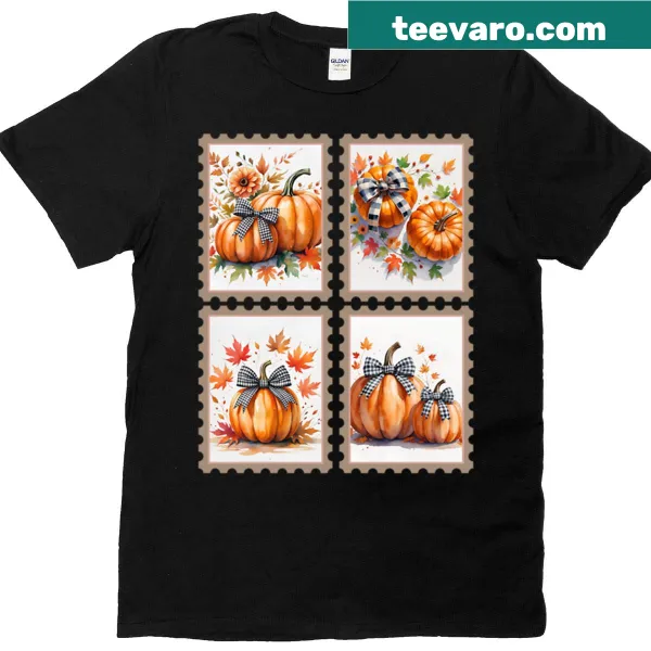Oversized t-shirt featuring vintage Halloween postage stamps and pumpkins
