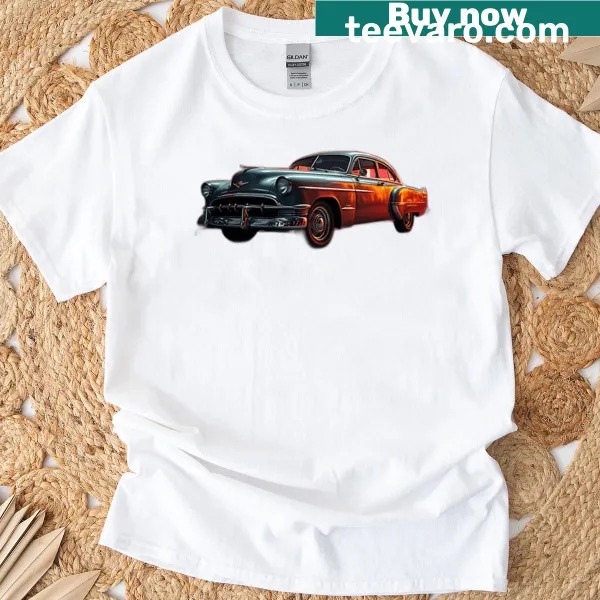Vintage car T-shirt featuring neon highlights and classic design