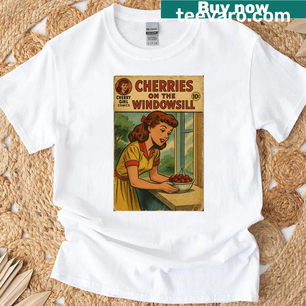 Vintage cherry girl illustration on a T-shirt — on a men's t-shirt