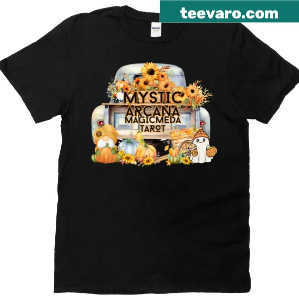 Vintage-style T-shirt with a fall truck and tarot theme design.