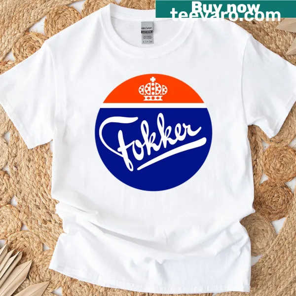 Vintage Fokker aircraft graphic T-shirt in orange and blue tones