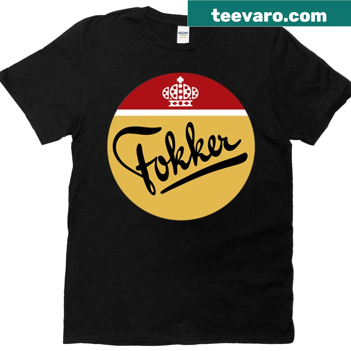 Vintage Fokker aircraft T-shirt with red and gold design — on a men's t-shirt