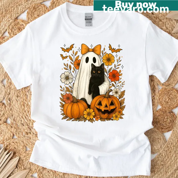 Vintage Halloween tee with a ghost holding a black cat and floral design