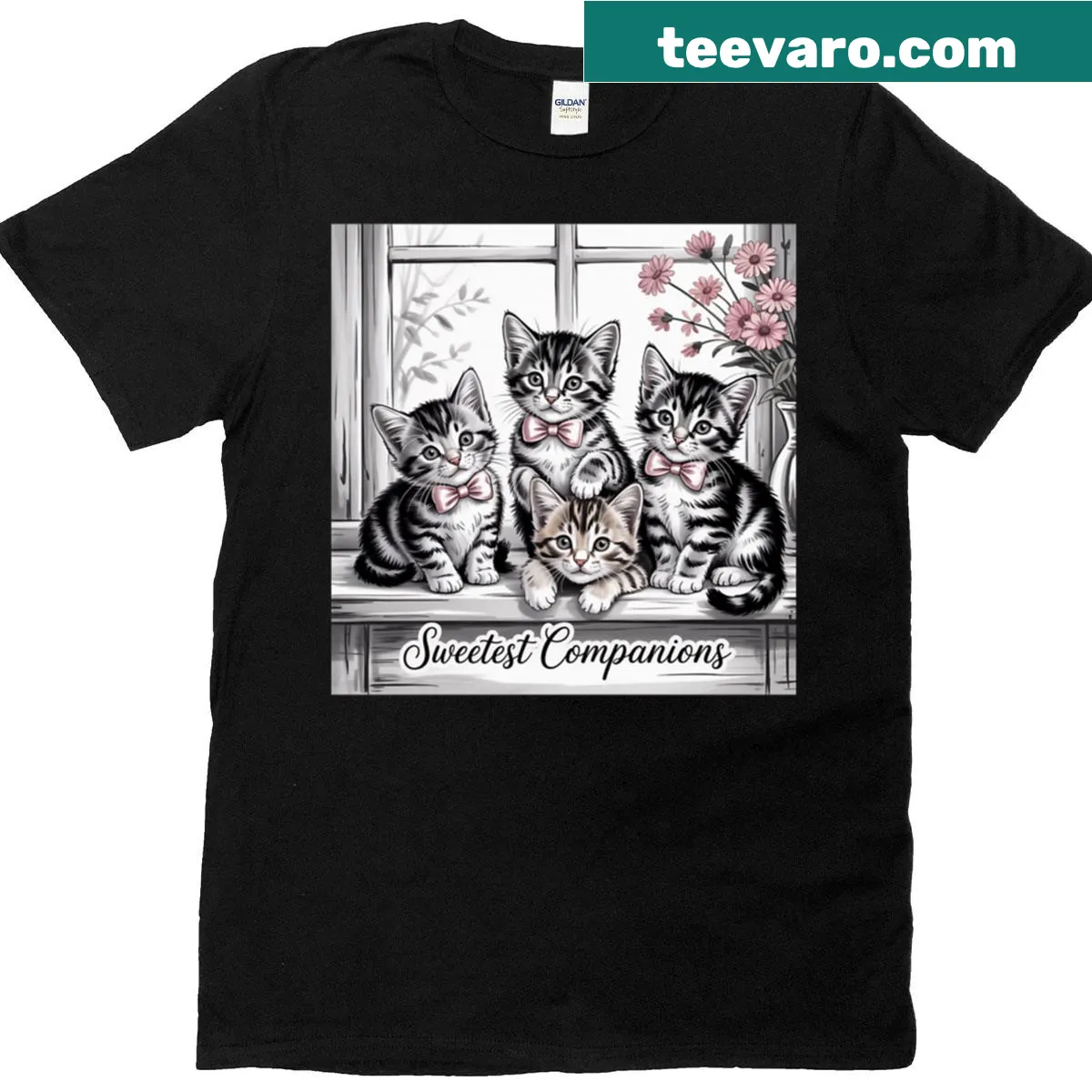 Oversized t-shirt with vintage kittens wearing bows illustrated design — on a men's t-shirt