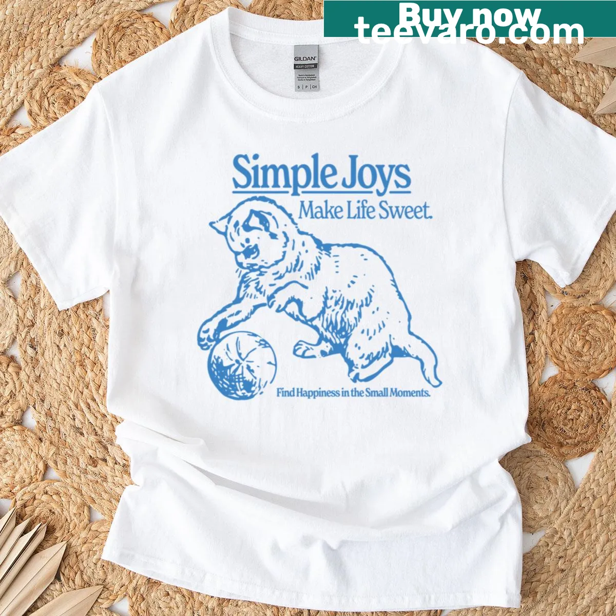Vintage kitty cat T-shirt with whimsical illustration and joyful text — on a men's t-shirt