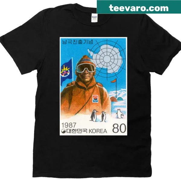 Vintage t-shirt featuring Korean postage stamps from 1987 focused on the South Pole