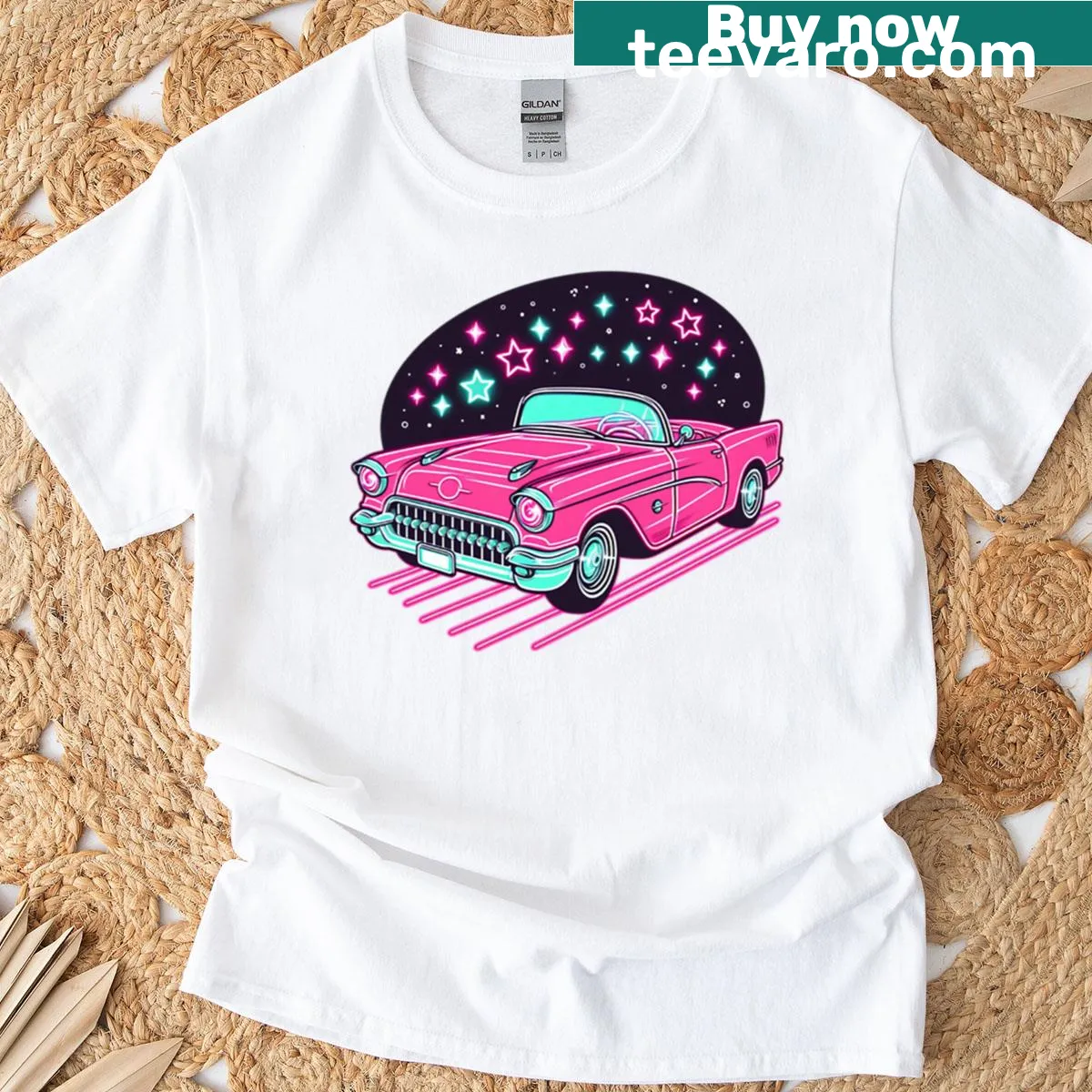 Vintage distressed t-shirt featuring a neon car graphic — on a men's t-shirt