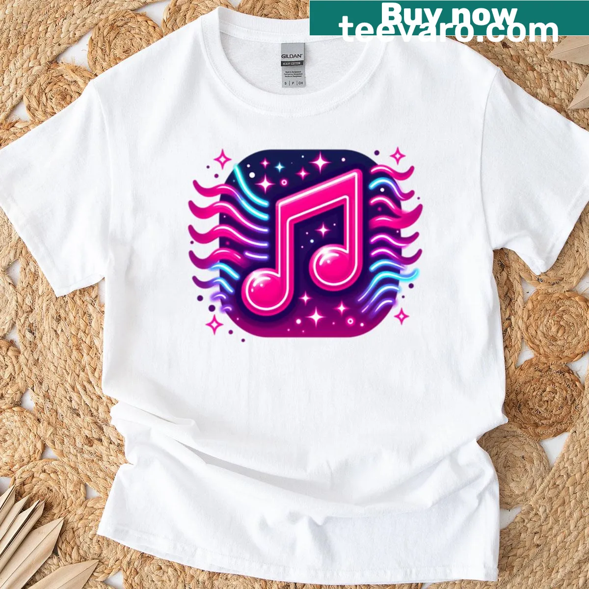 Vintage neon music symbol T-shirt with retro design — on a men's t-shirt