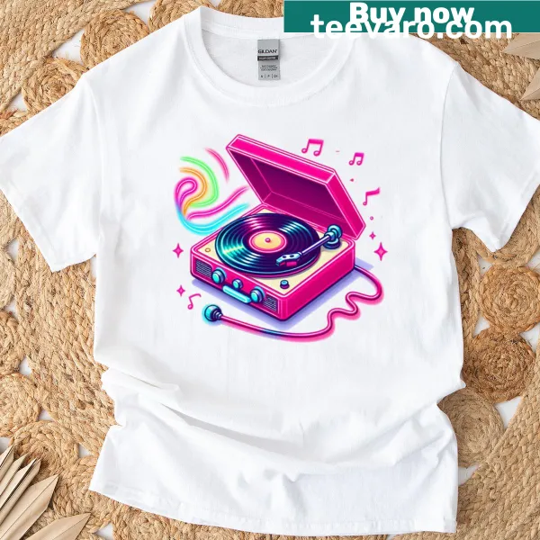 Retro vintage neon turntable t-shirt featuring classic design