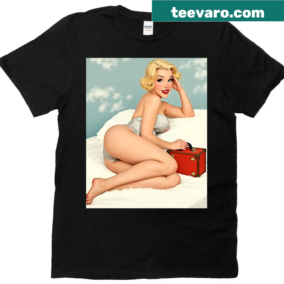 Vintage pinup woman graphic T-shirt — on a men's t-shirt