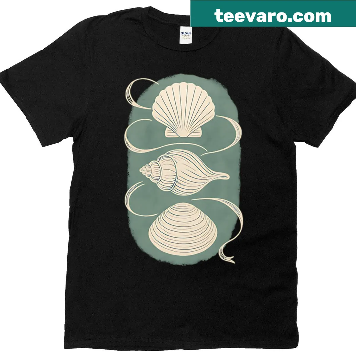 Minimalist T-shirt featuring a trio of seashell silhouettes — on a men's t-shirt