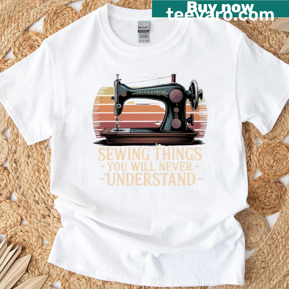 Oversized tee with vintage sewing machine and funny quote design — on a men's t-shirt