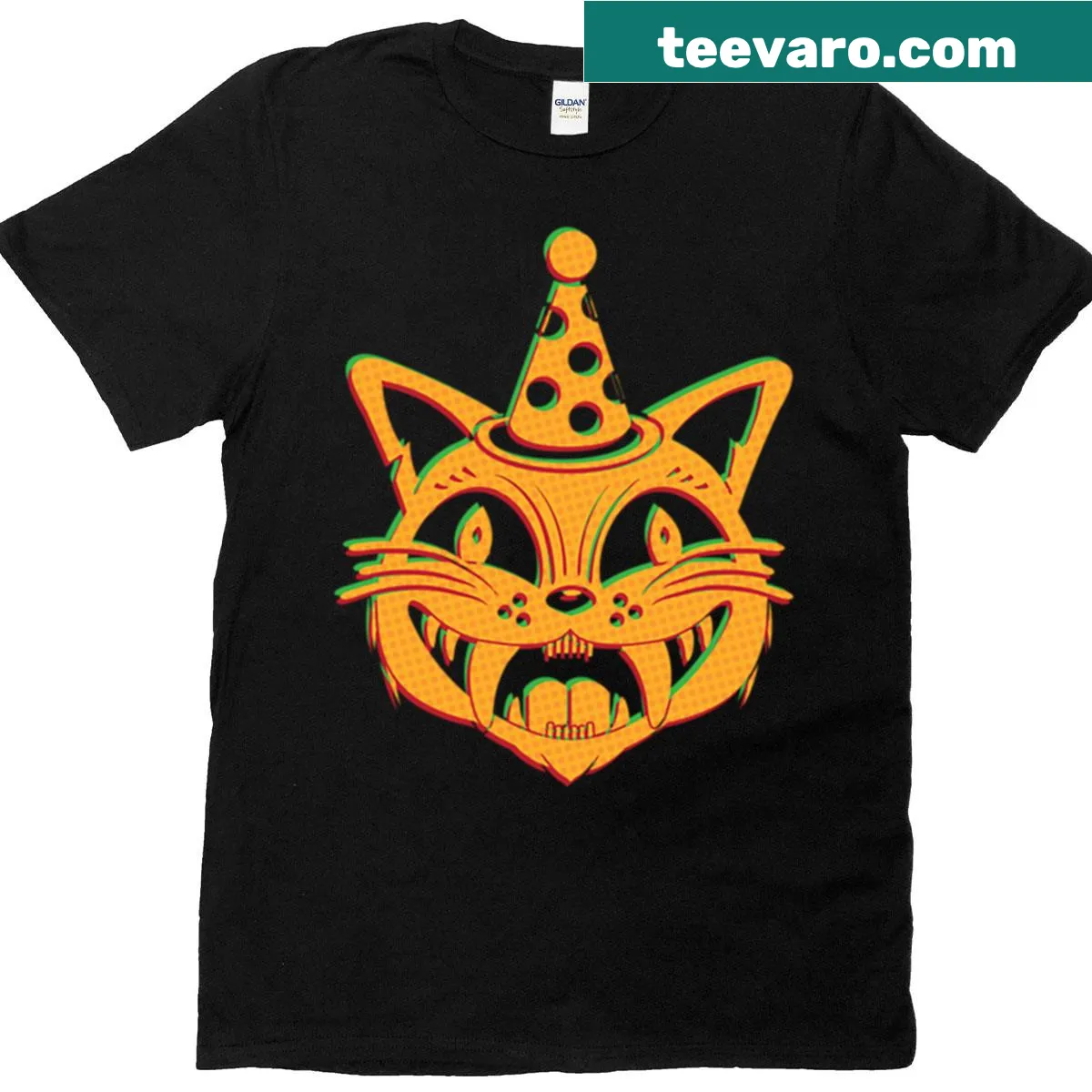 Cartoon black cat face T-shirt with a retro 3D optical illusion — on a men's t-shirt
