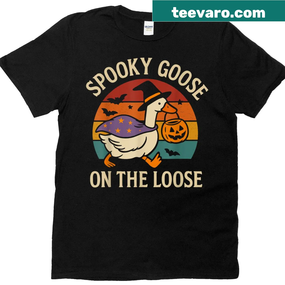 Funny vintage Halloween t-shirt with a spooky goose graphic — on a men's t-shirt