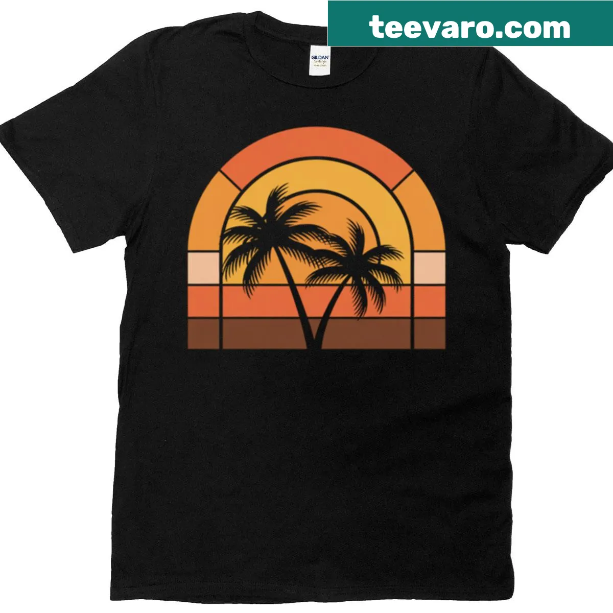 Retro tropical beach design with palms and sunset on a T-shirt — on a men's t-shirt