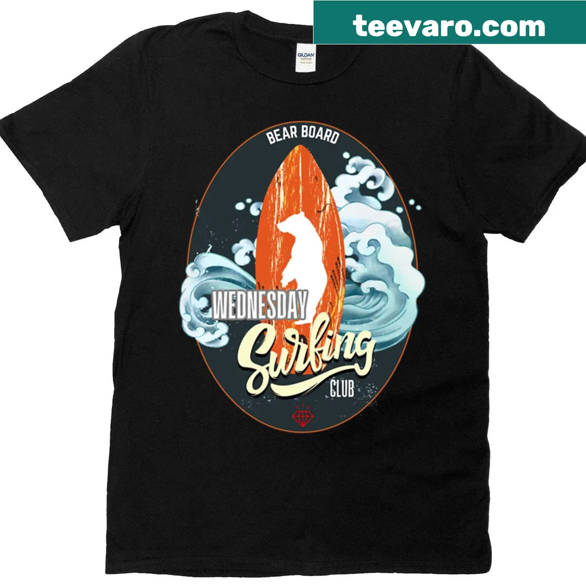 Retro T-shirt with a surfing bear and Big Wednesday surf logo — on a men's t-shirt