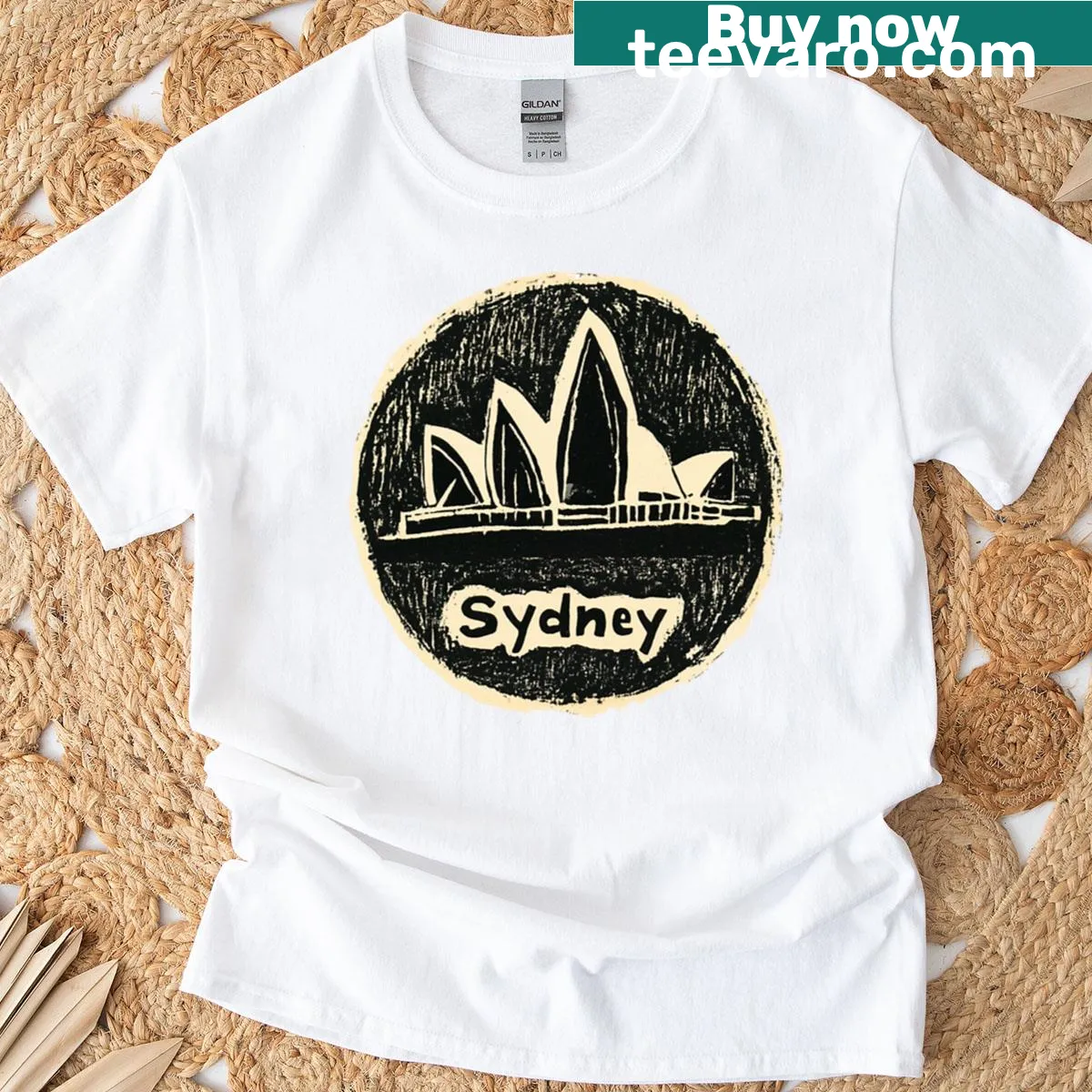Vintage Sydney Stamp t-shirt featuring the iconic Opera House design — on a men's t-shirt