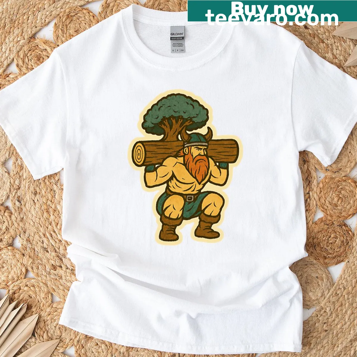 Viking warrior lifting a tree trunk on a T-shirt — on a men's t-shirt
