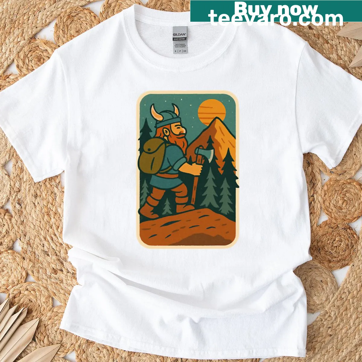 Vintage Viking hiking sticker design T-shirt for outdoor lovers — on a men's t-shirt