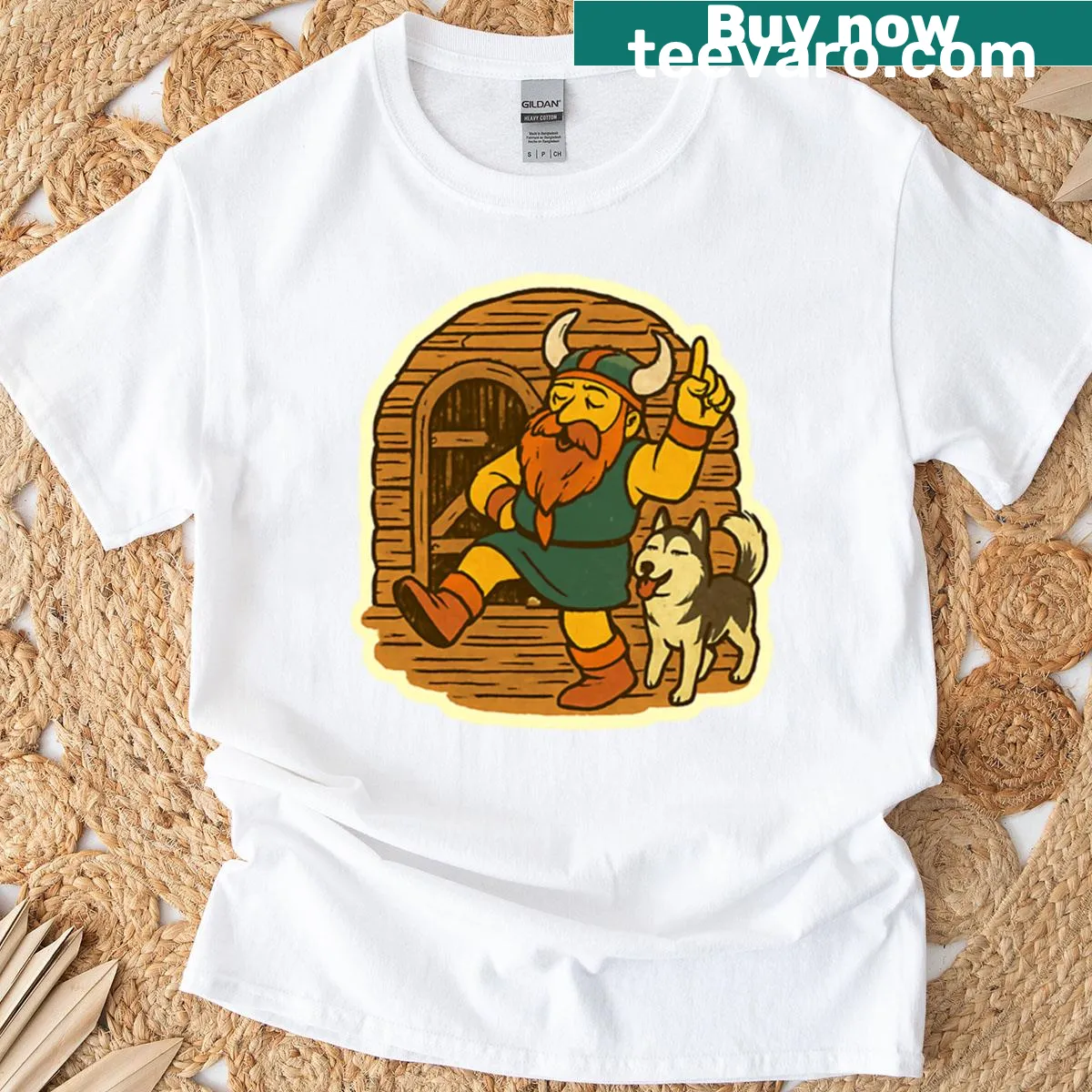 Norse warrior dancing with a husky in a sticker design on a t-shirt — on a men's t-shirt