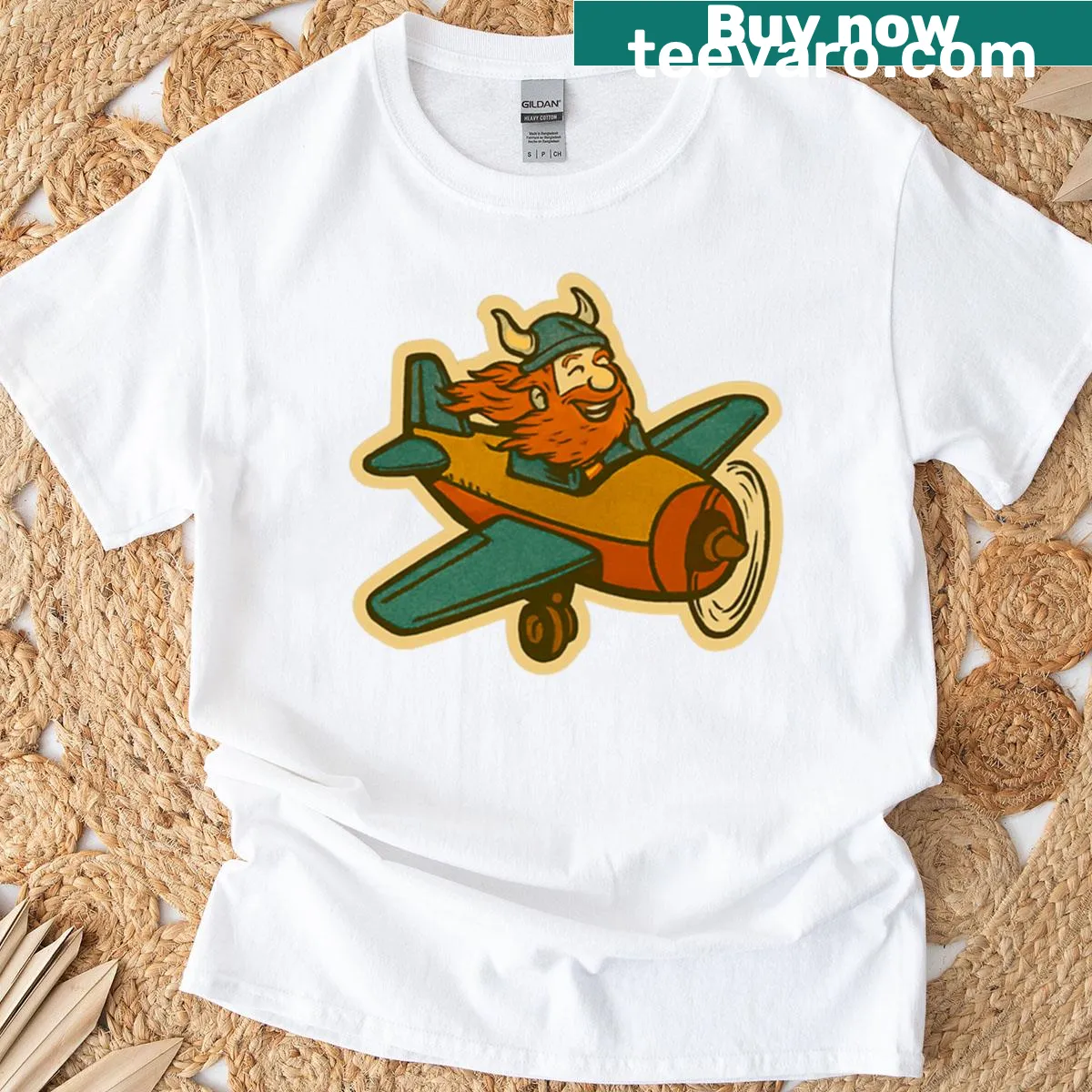Vintage Viking pilot T-shirt with joyful warrior in propeller plane — on a men's t-shirt