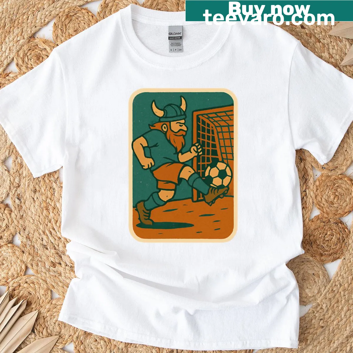 Vintage Viking soccer player graphic on a retro T-shirt — on a men's t-shirt